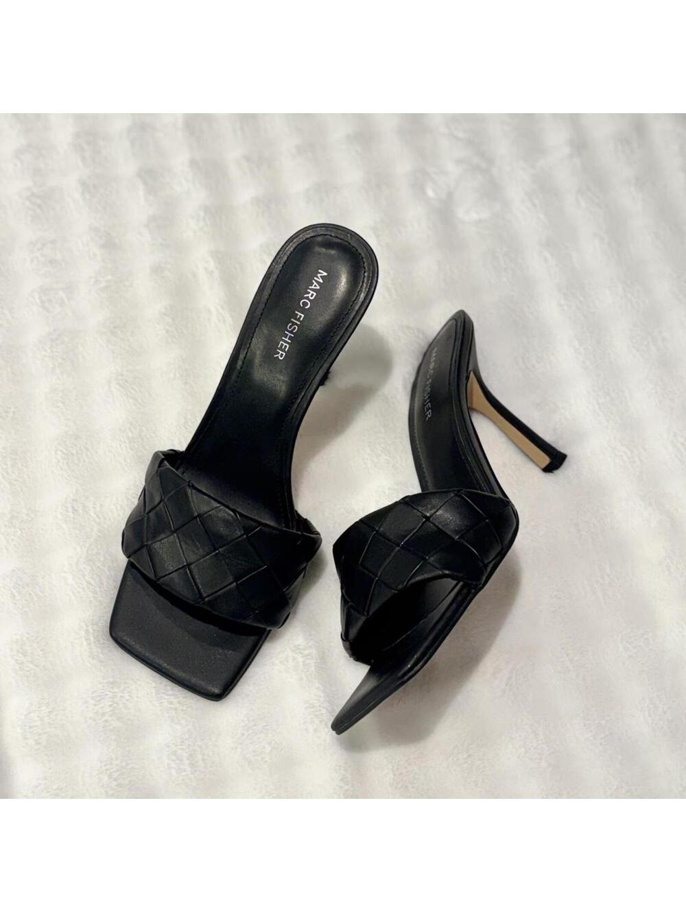 Marc Fisher Black Leather Mules | Square Toe Kitten Heels | Minimalist Chic